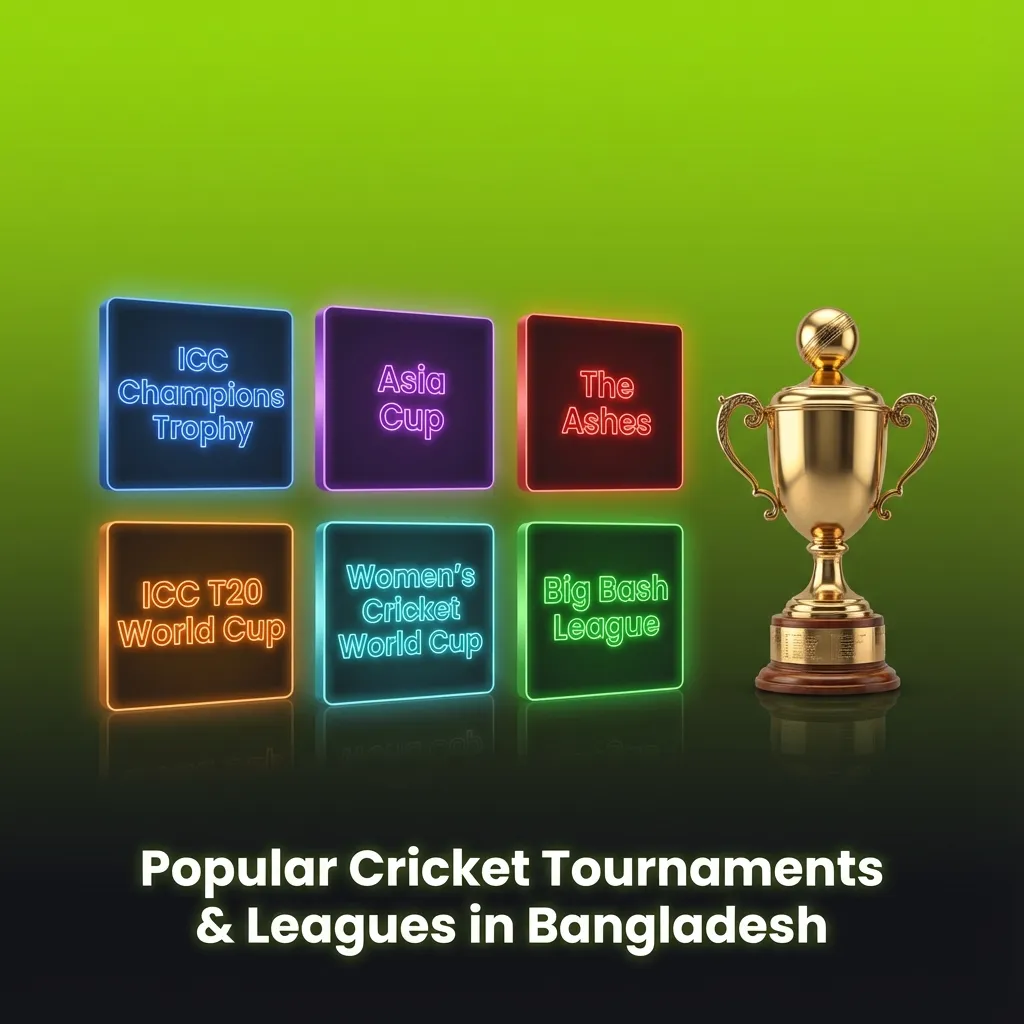Infographic listing major international and Bangladesh T20 and ODI cricket tournaments for online betting markets