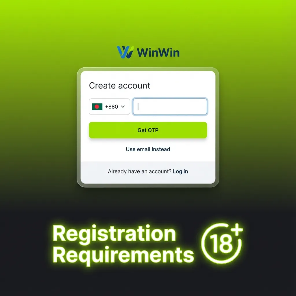 Infographic showing WinWin registration rules: 18+ age, real Bangladeshi details, one account, ID verification, own payment methods