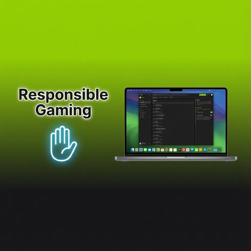 Illustration of a person betting online responsibly, tracking time and budget with icons for limits, support, and mental well‑being