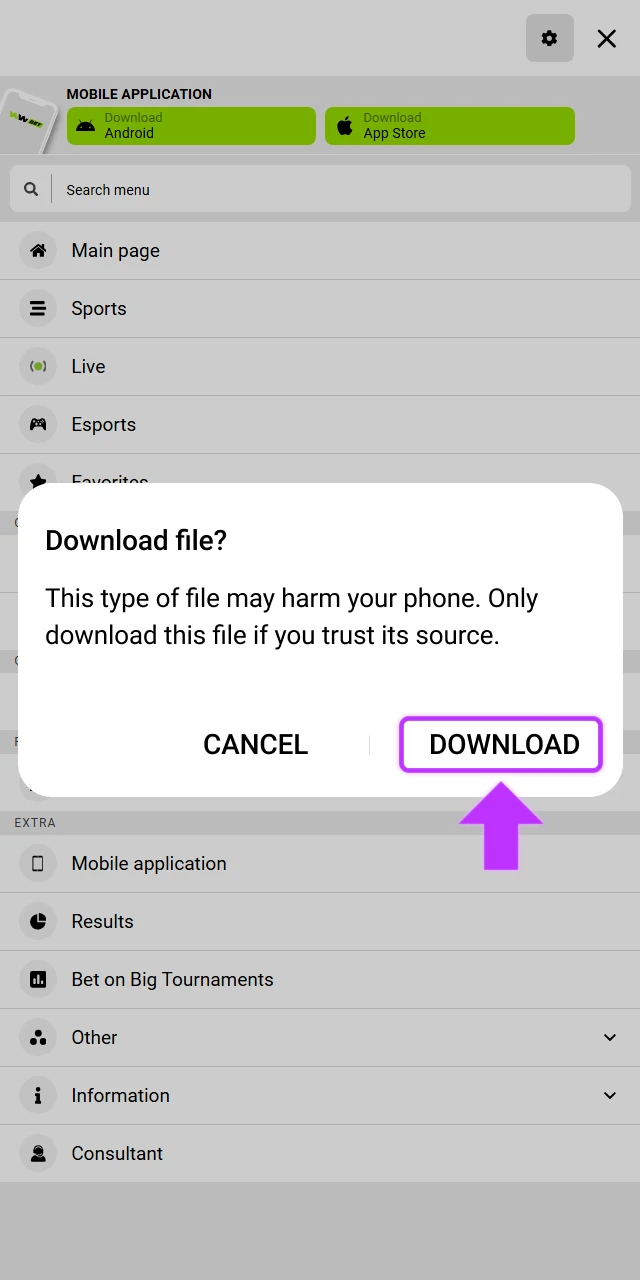Allow the browser notification and save the WinWin APK file to your mobile device storage.