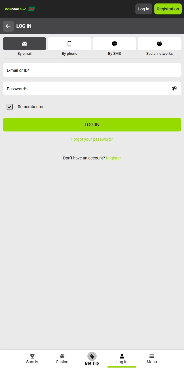 Mobile login screen on the WinWin app featuring secure biometric and password entry.
