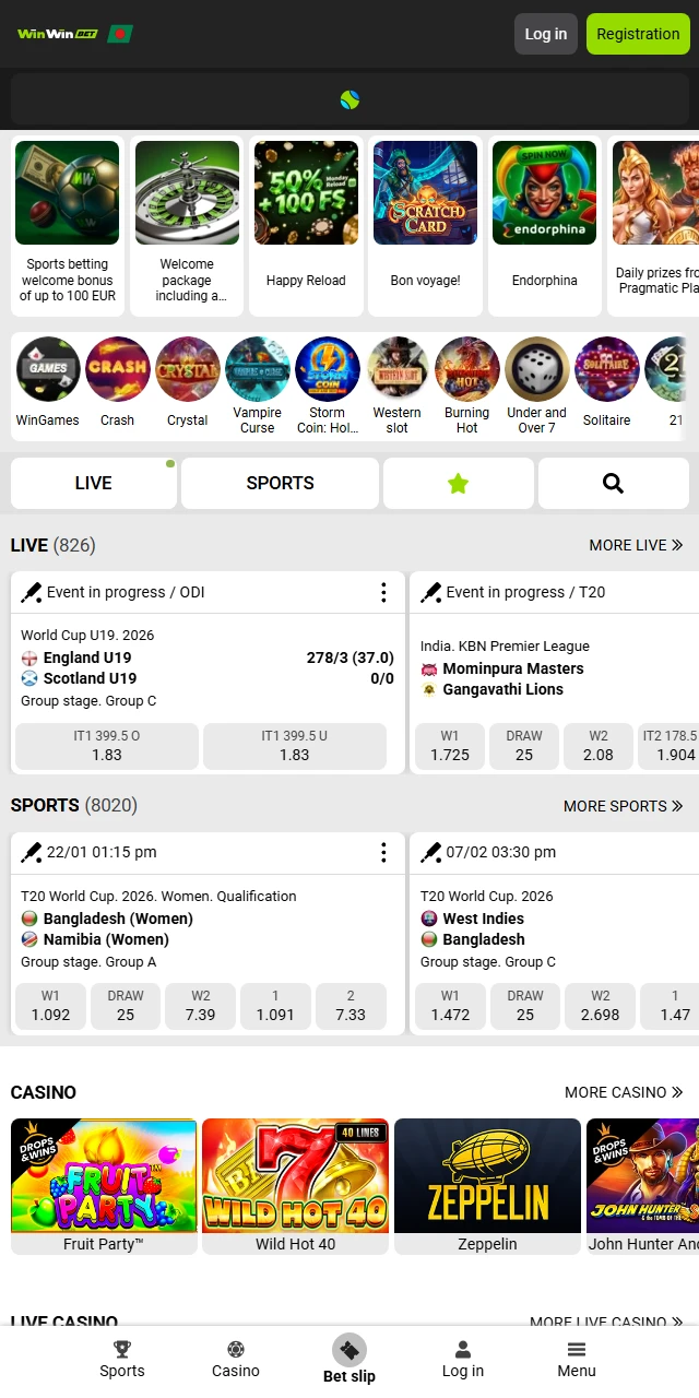 WinWin app home screen showing local Bangladesh promotions and quick navigation menu.