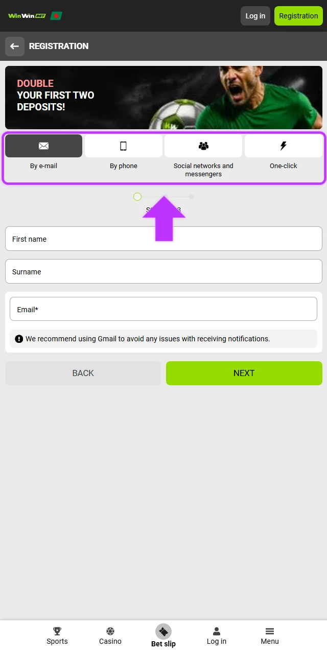 Open the WinWin app and view the available sign-up methods, such as One-Click or Phone registration.