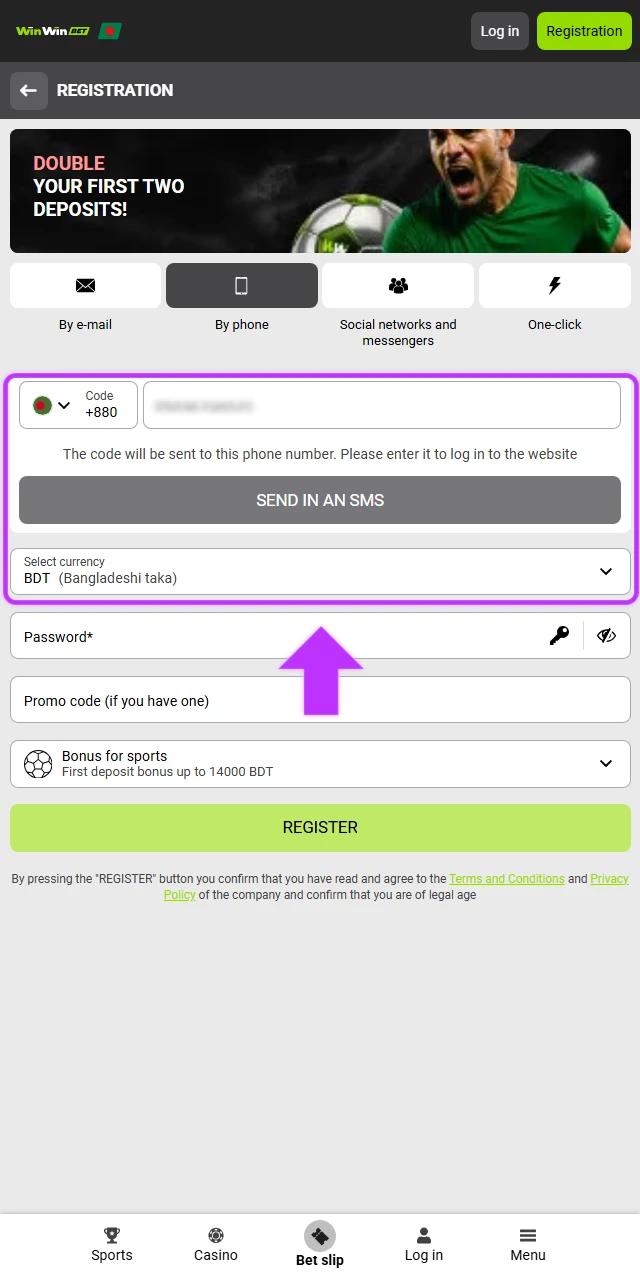 Fill in the WinWin mobile registration form, choosing Bangladesh as the country and BDT as the currency.