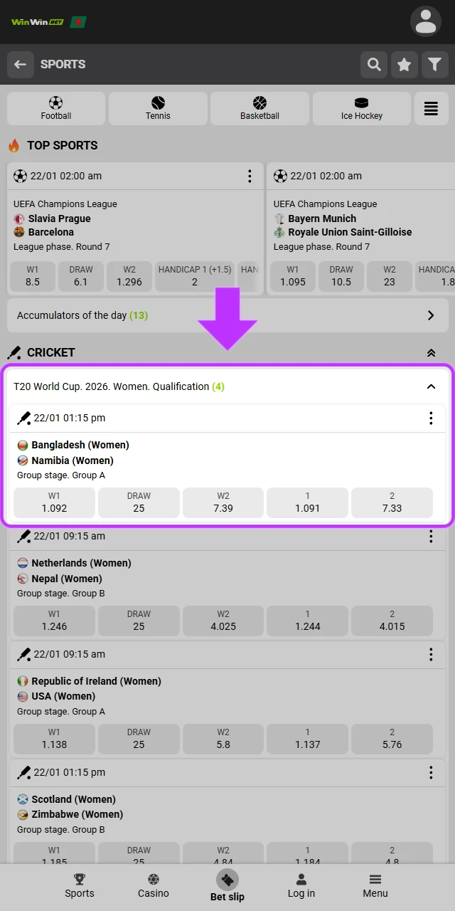 Navigate the WinWin app Sports menu to browse cricket, football, and international tournaments.