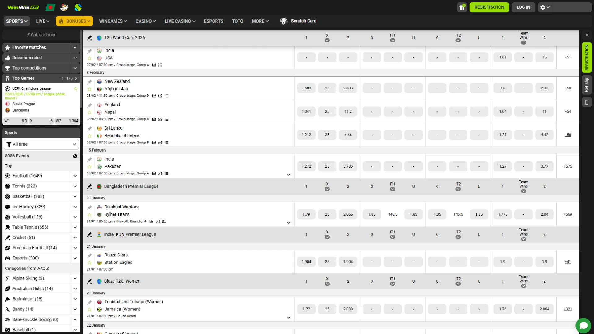 WinWin sportsbook dashboard showing live betting markets for cricket and football.
