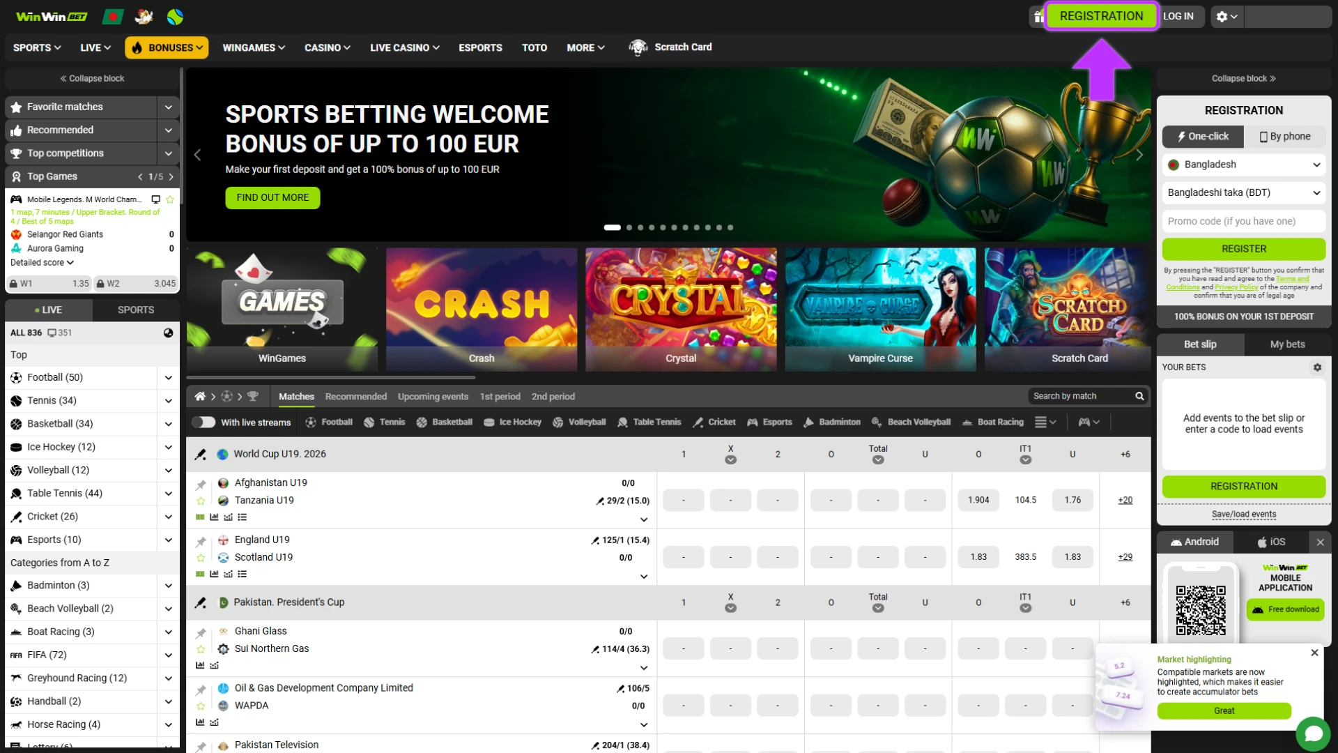 Open the WinWin website, register a new account, and log in to access your betting account.