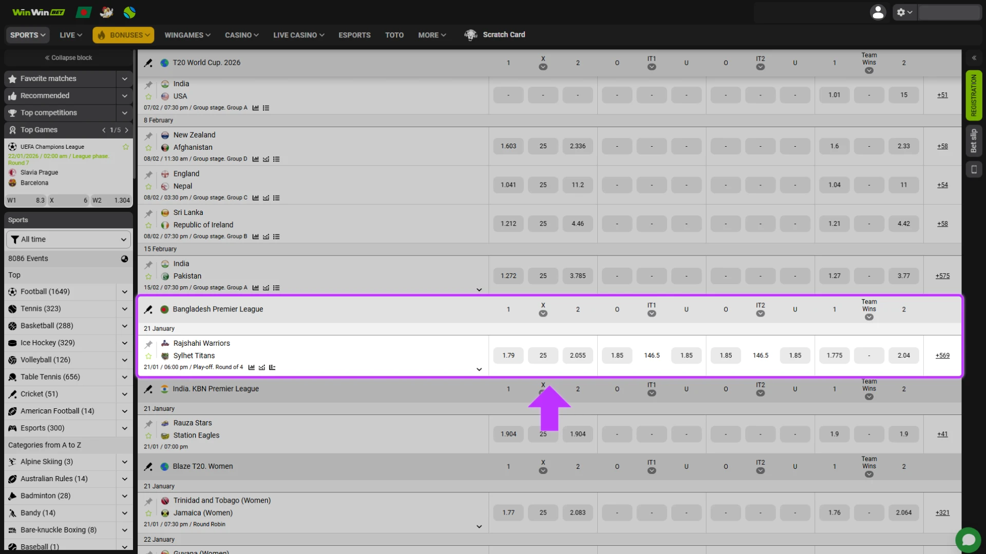 Select the desired match winner or totals and add the corresponding betting odds to your WinWin bet slip.