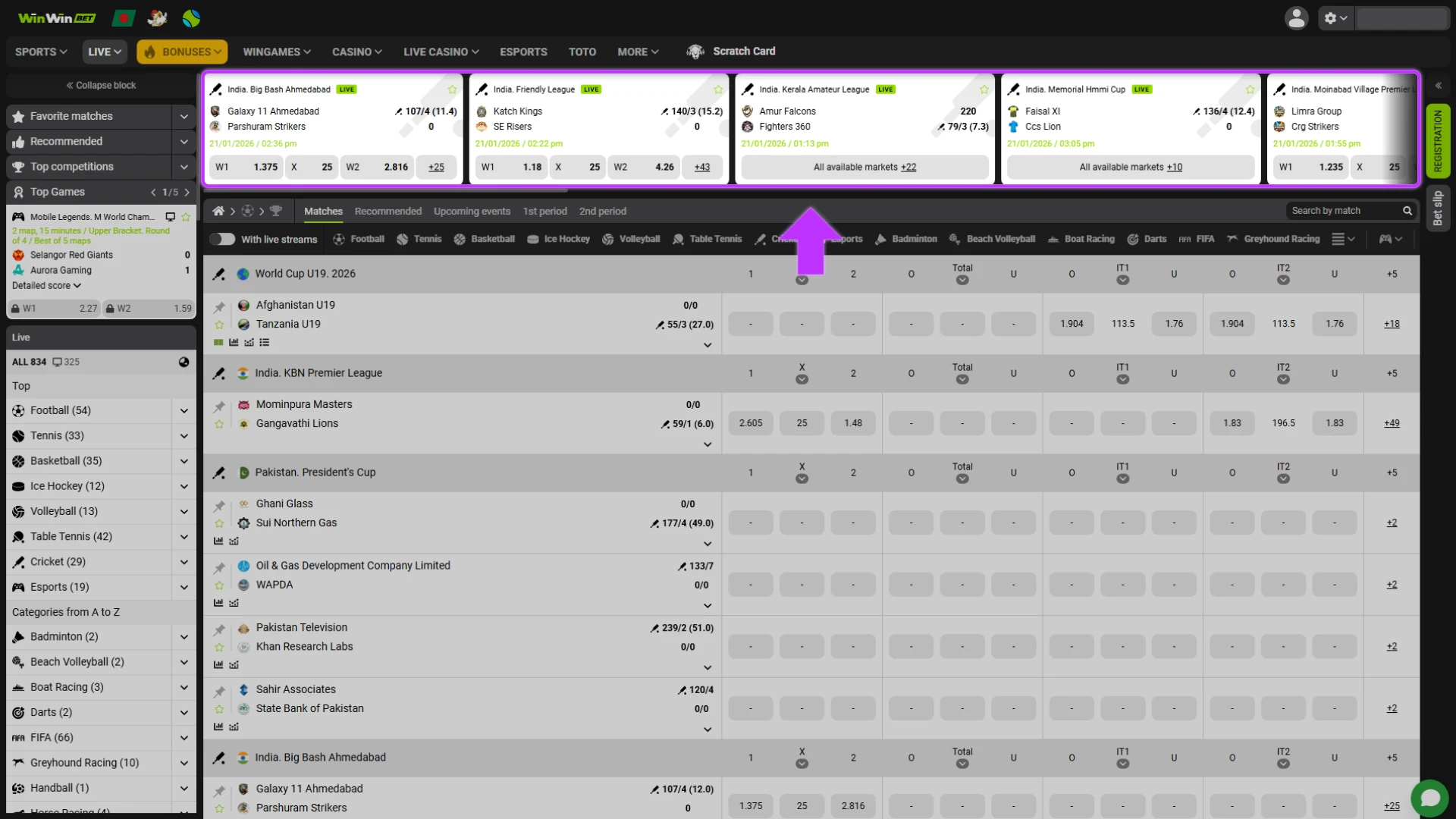 Monitoring live match results and bet history on the WinWin dashboard.