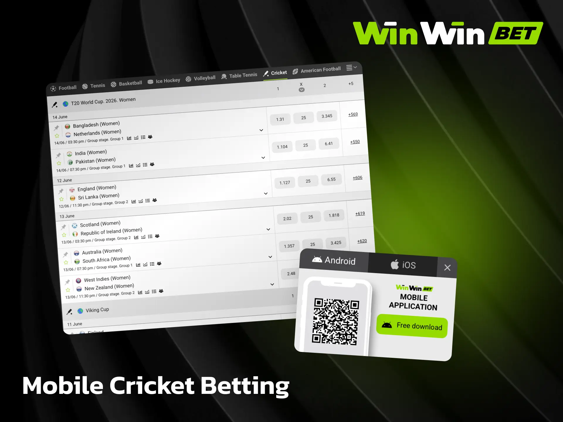 Mobile cricket betting on WinWin app for Android and iOS to bet on the go.