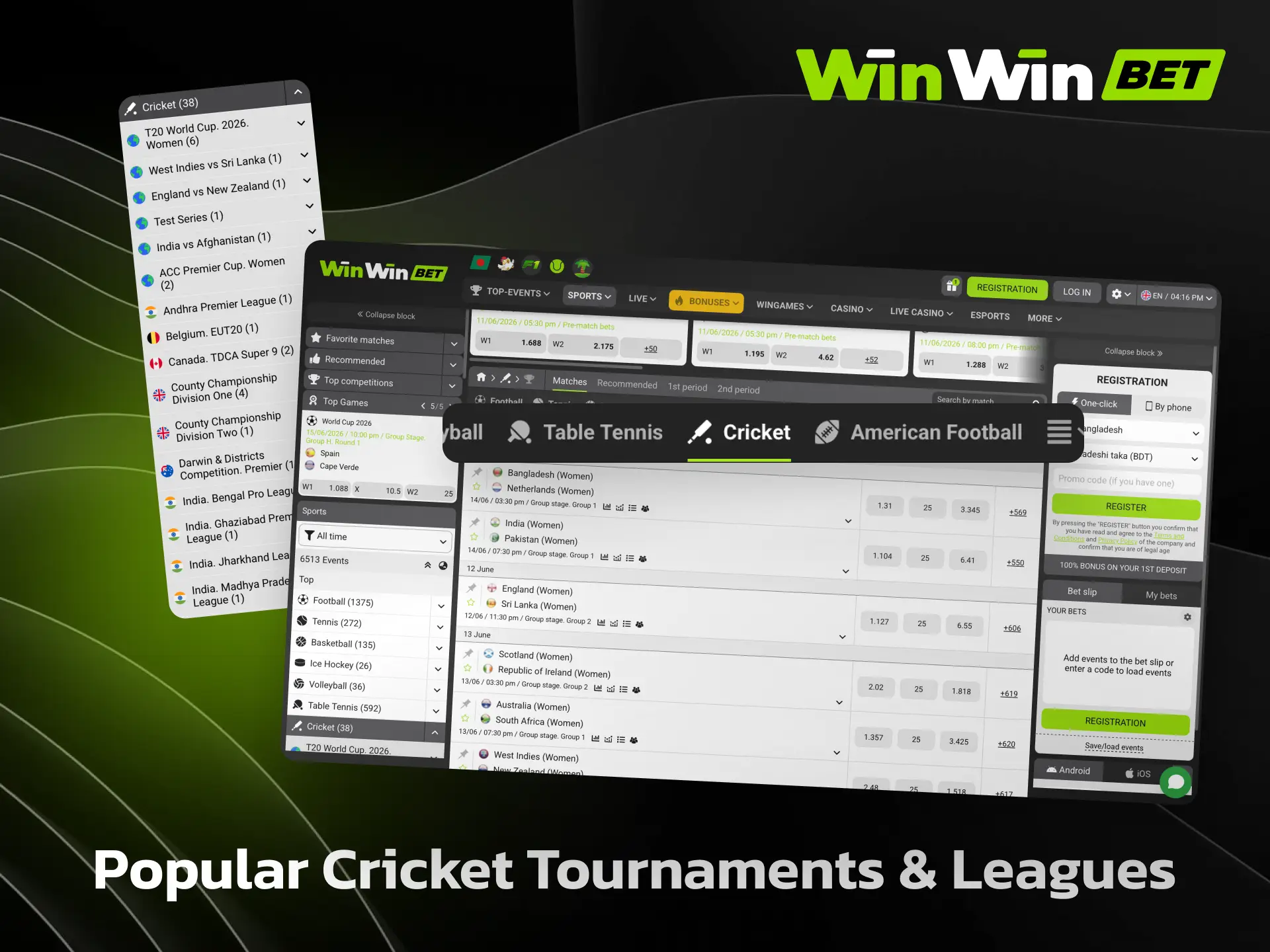 Popular cricket tournaments on WinWin including IPL, BPL, and ICC World Cup.